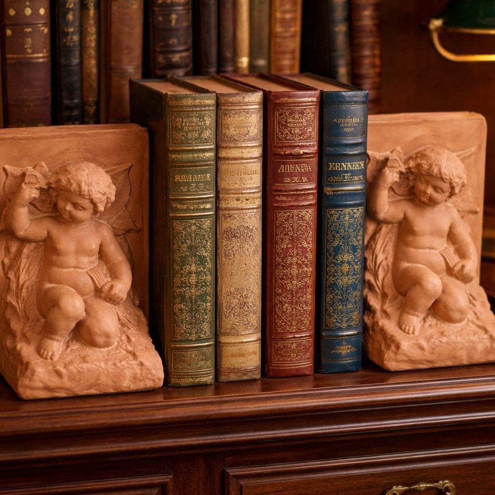 🌸 Vintage Angel Terra Cotta Bookends – Cherub Figurine Pair – Classical Style